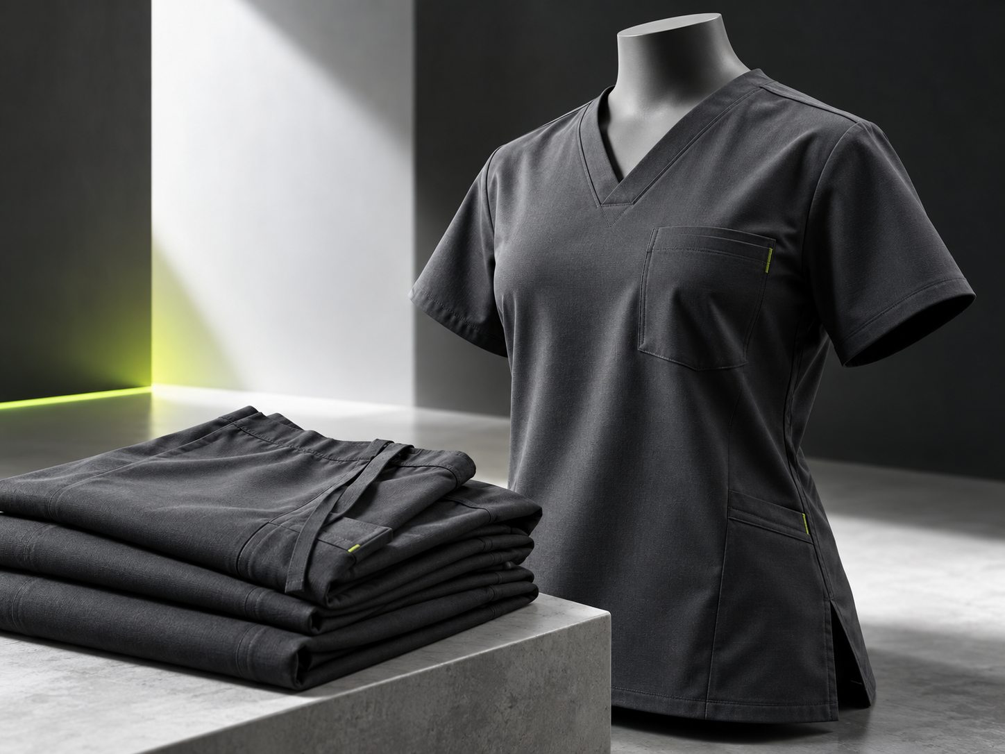Charcoal medical scrubs presented in a precise contemporary studio