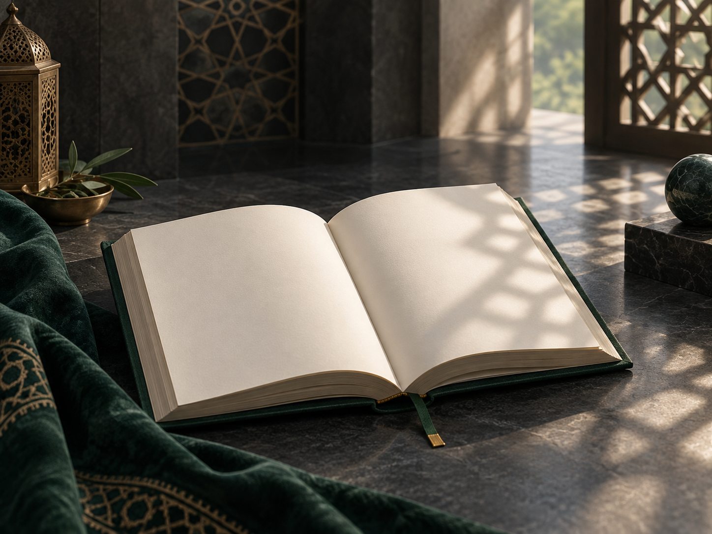 An open blank book in a calm architectural reading space