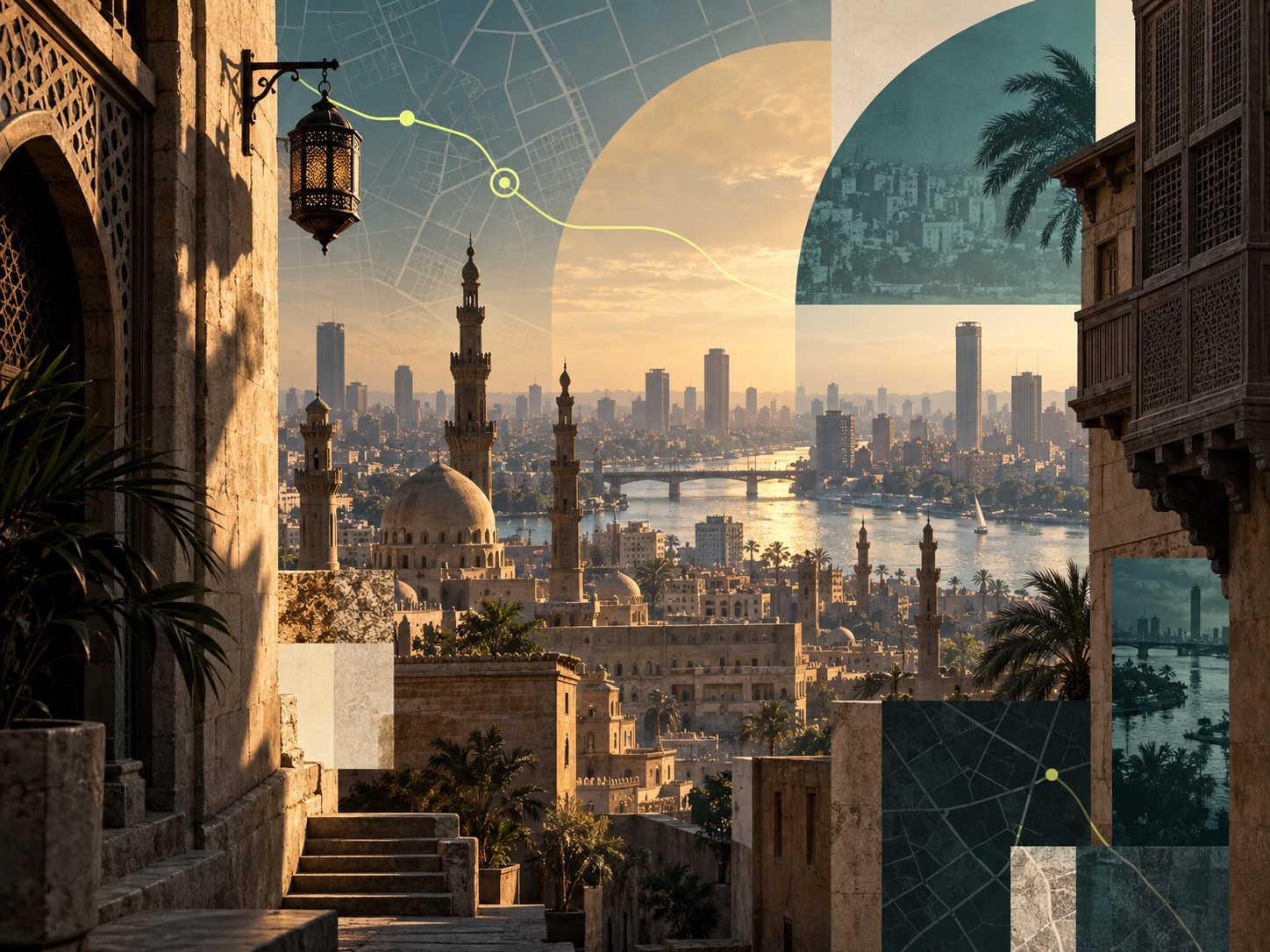 Layered Cairo architecture and route map forming a digital travel journey